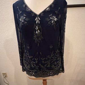 Beaded Blouse, Navy with Silver Beads